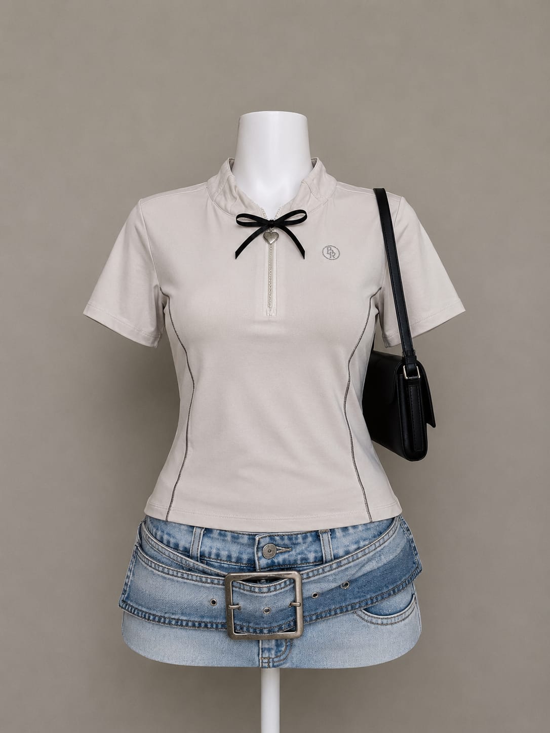 Beige Zip-Neck Polo Top