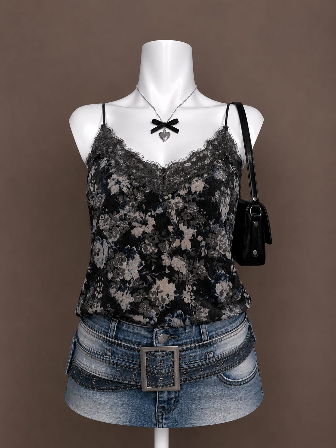Black Floral Lace-Trim Camisole