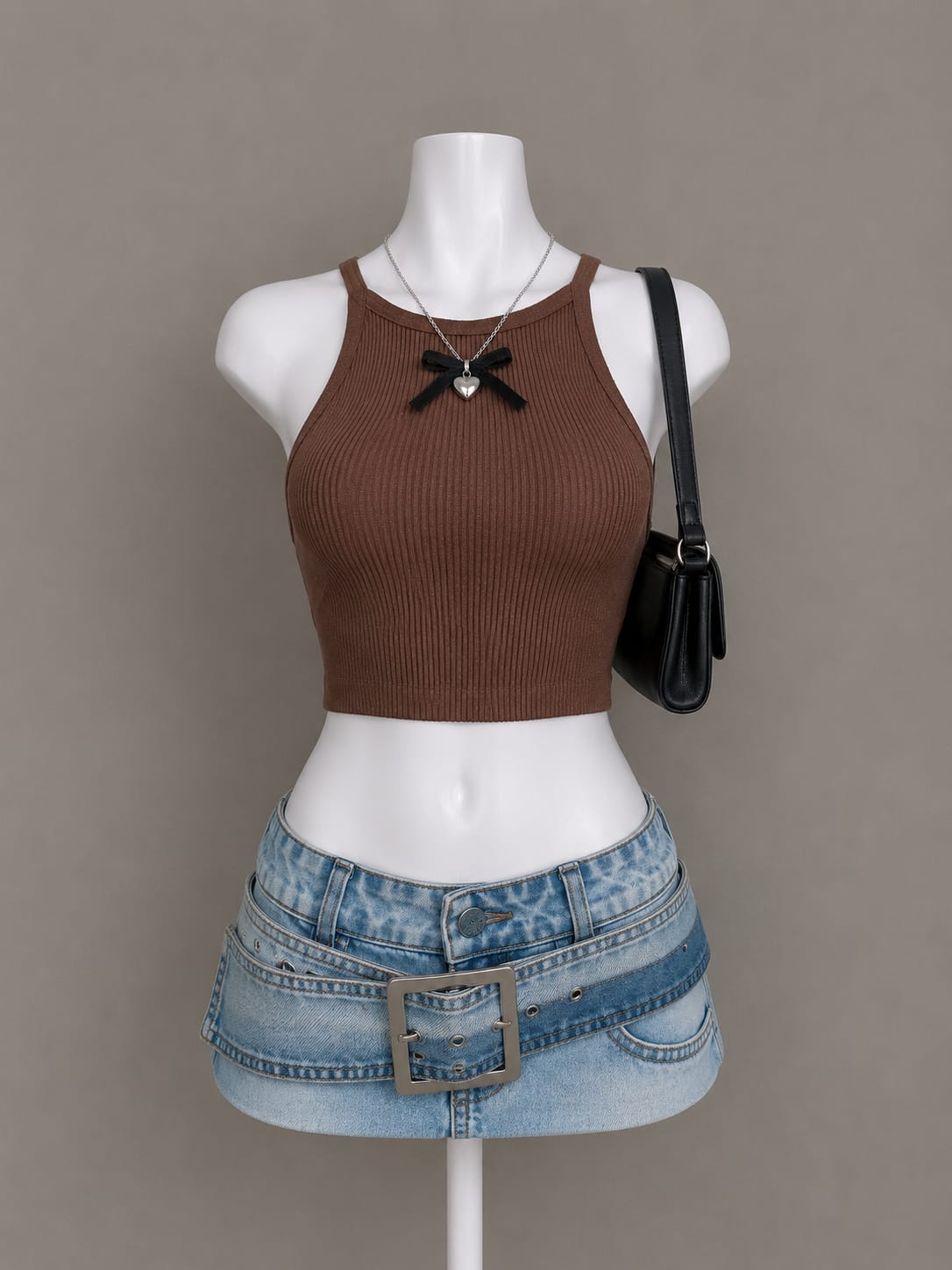 Brown Ribbed Crop Tank Top