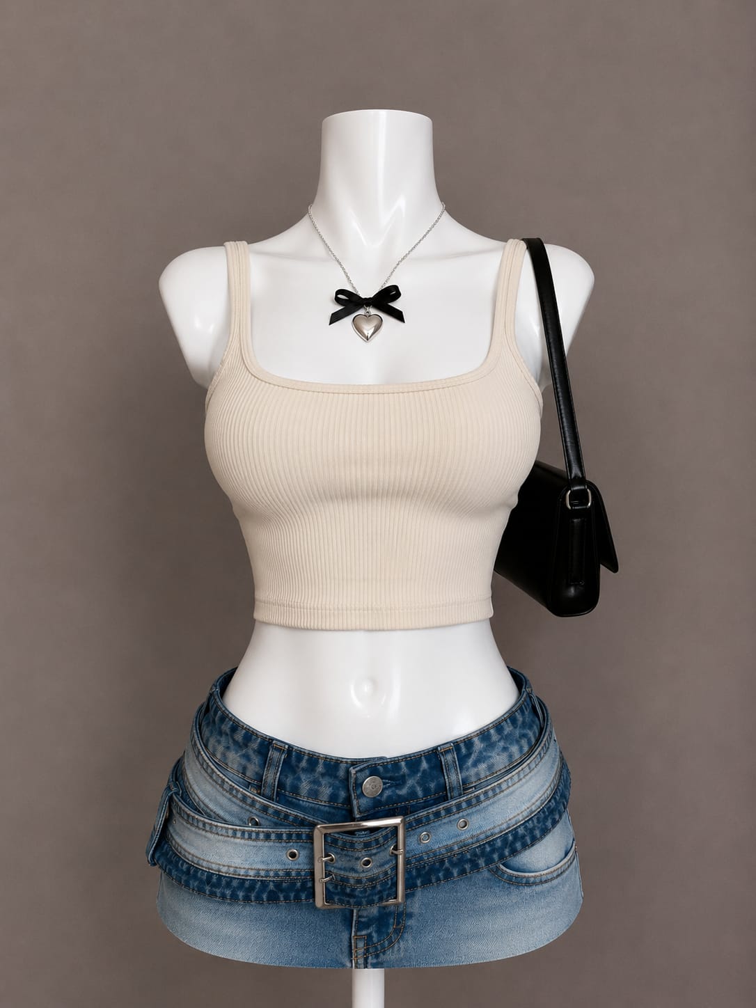 Beige Ribbed Crop Tank Top