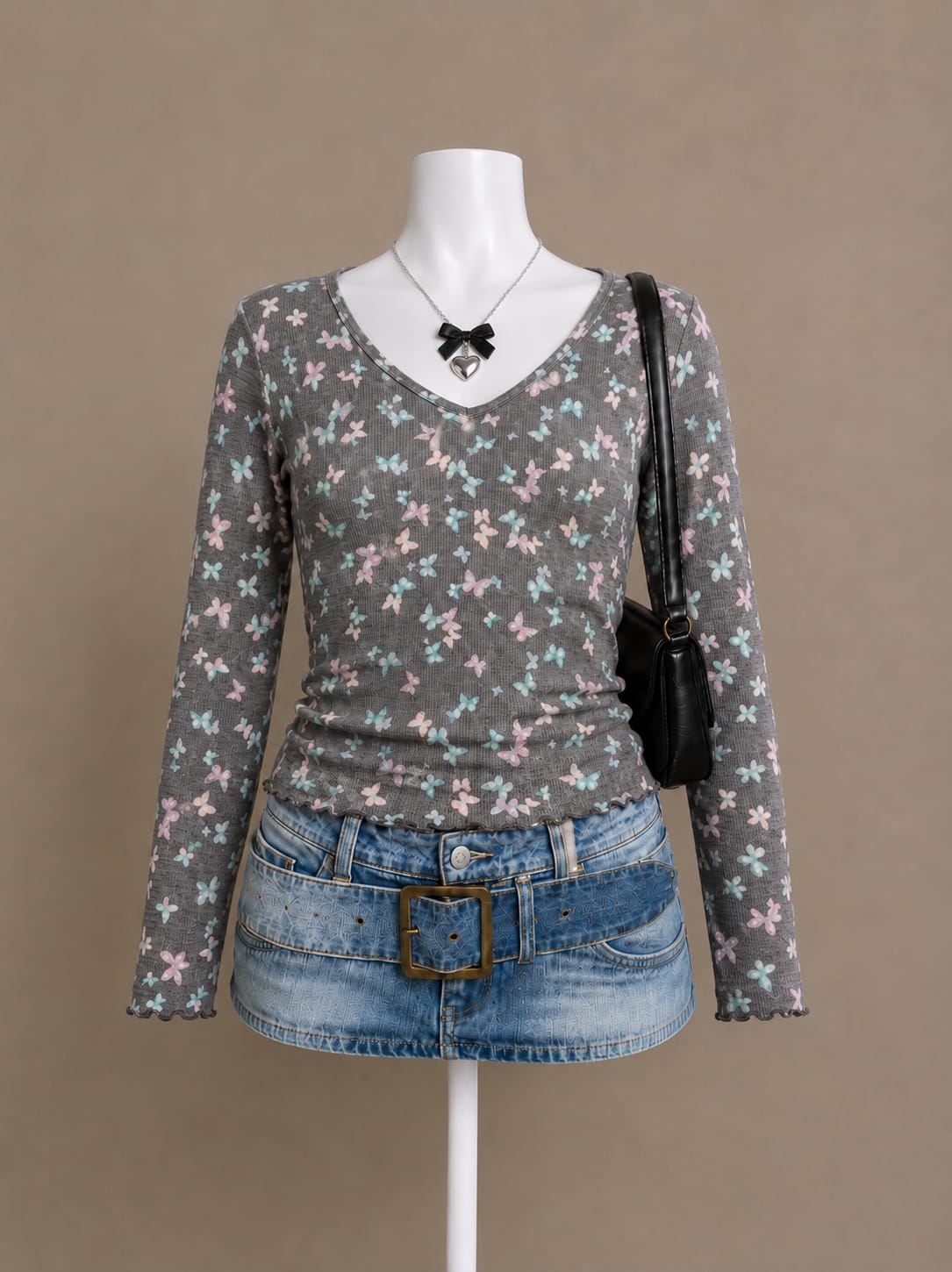 Gray Butterfly-Print Long Sleeve Top