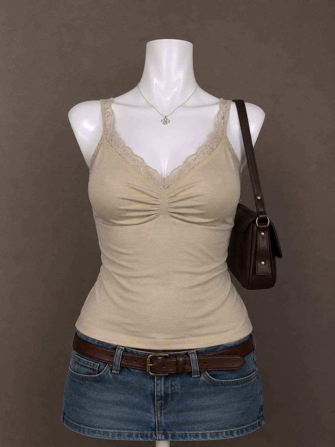 Beige Lace-Trim Camisole Top