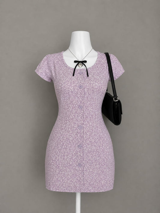 Lavender floral button mini dress