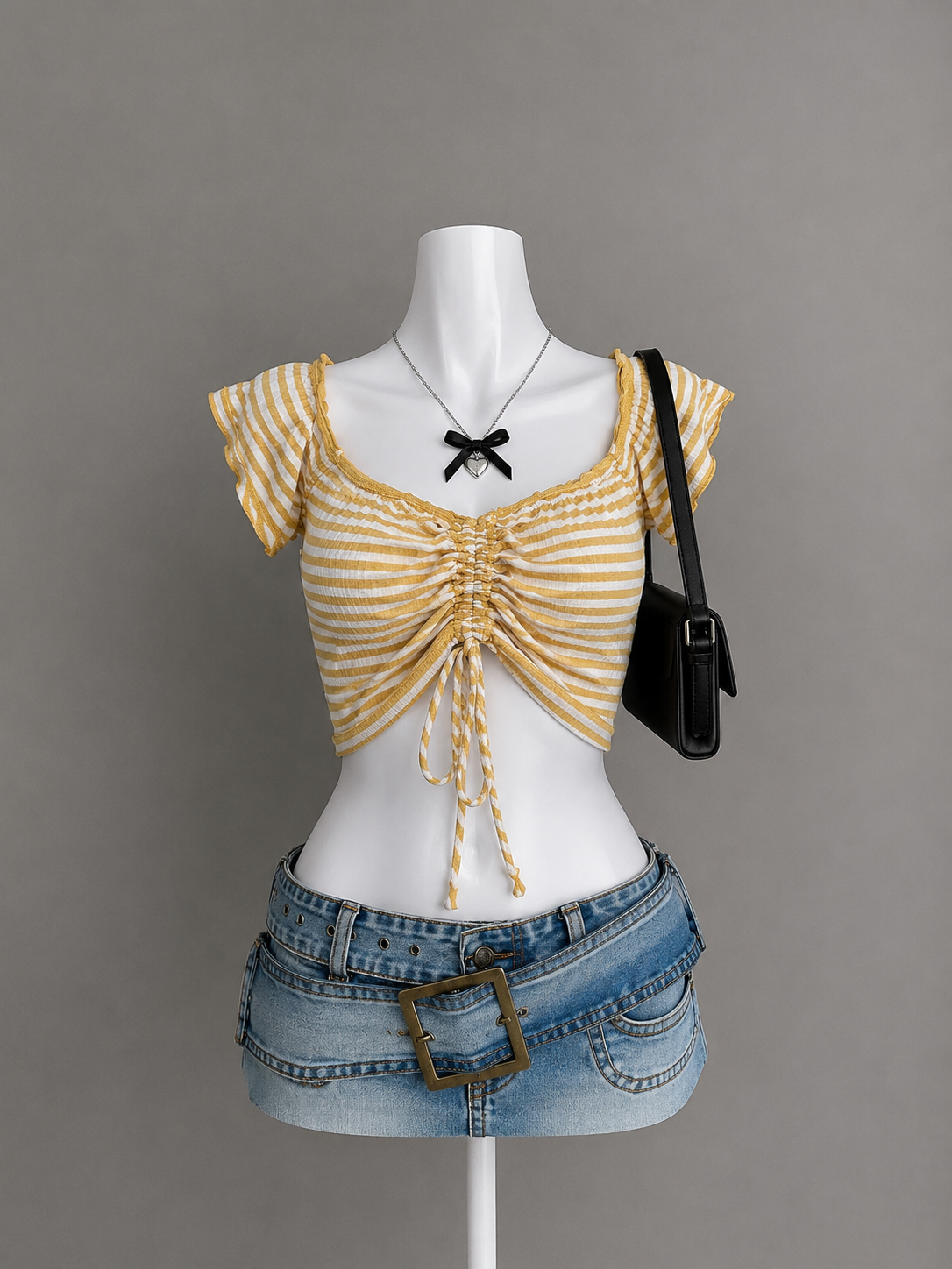 Mustard Stripe Ruched Crop Top