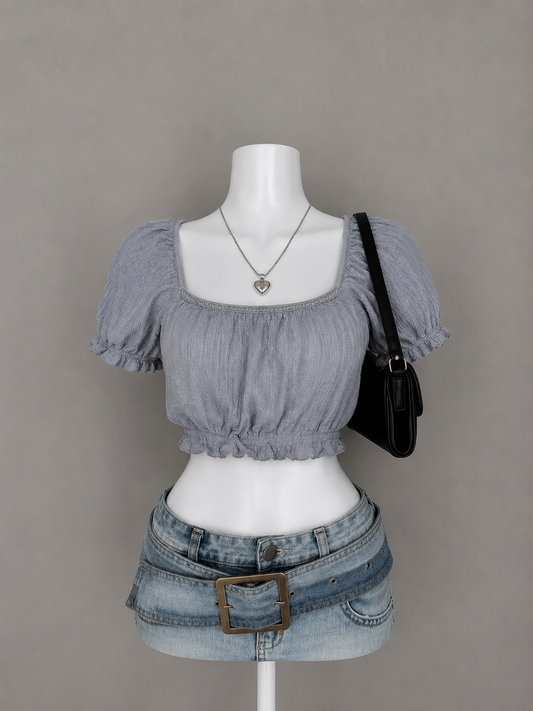 Grey Puff Sleeve Smocked Crop Top