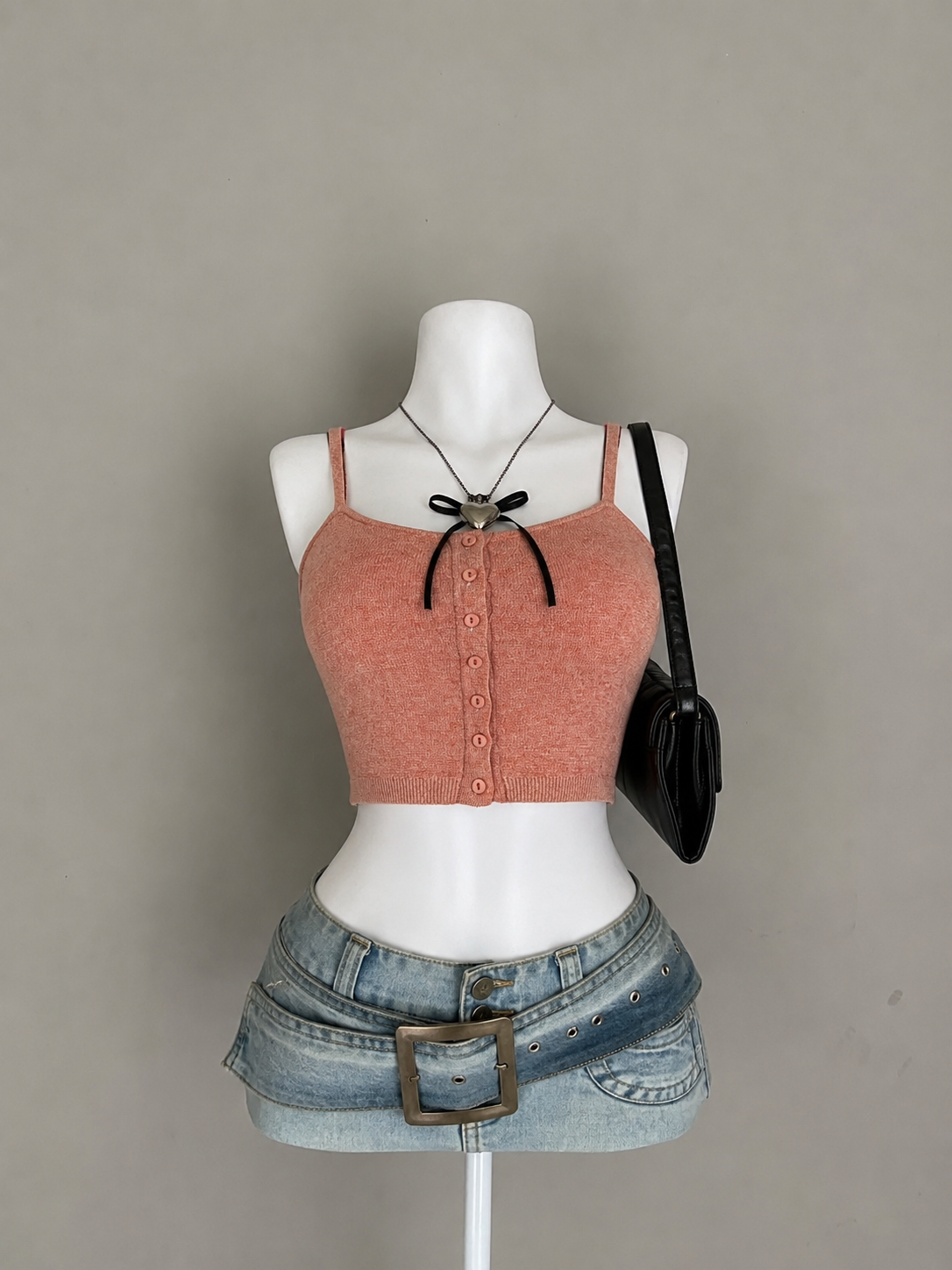 Peach Button Knit Cami Crop Top