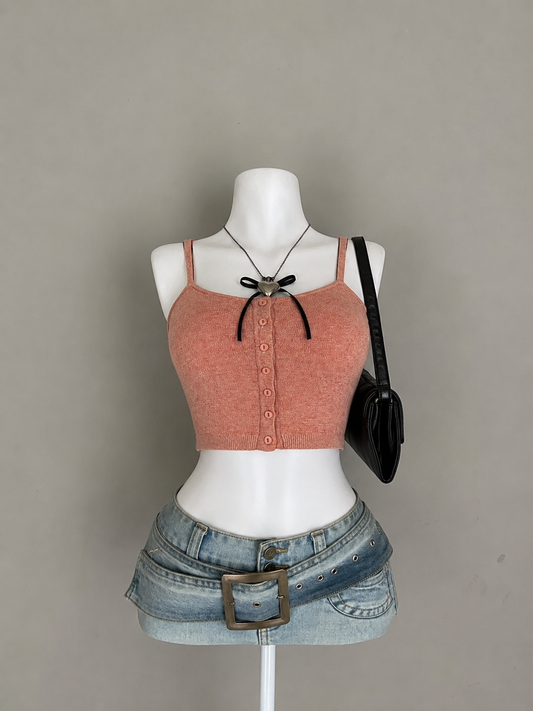 Peach Button Knit Cami Crop Top