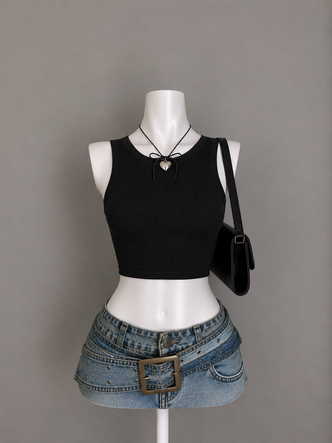 Black Ribbed High Neck Crop Tank