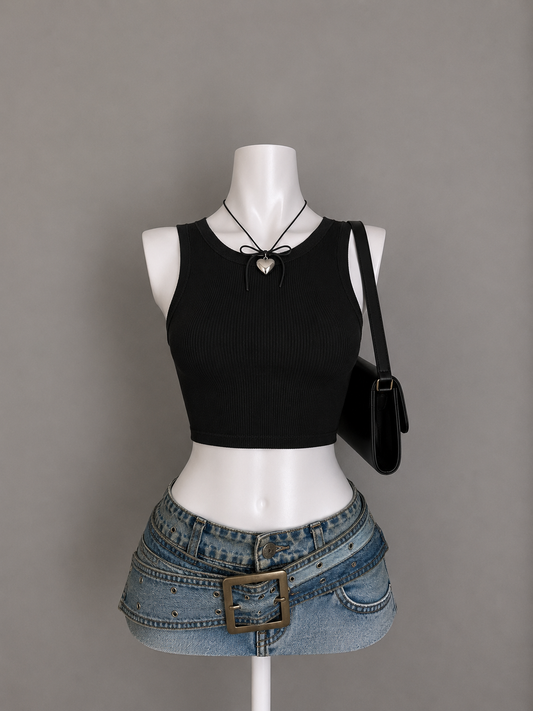 Black Ribbed High Neck Crop Tank