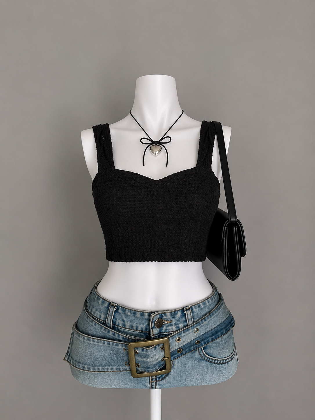 Black Smocked Sweetheart Crop Top
