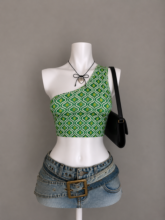 Green One Shoulder Pattern Crop Top