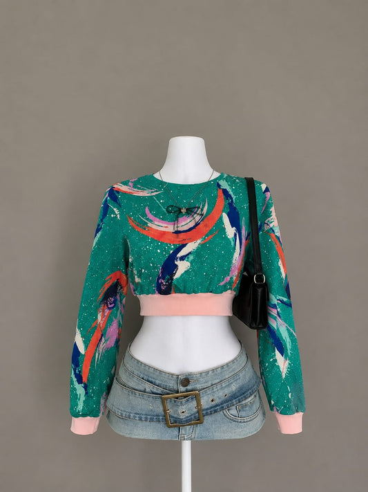 Green Abstract Long Sleeve Crop Top