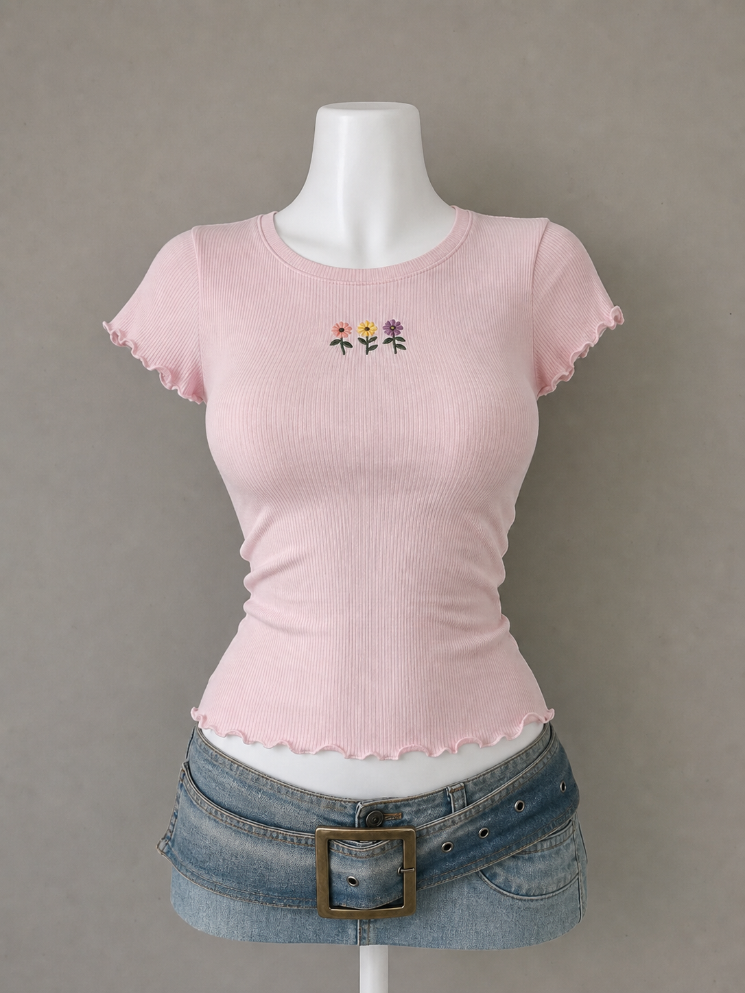 Pink Flower Ribbed Tee