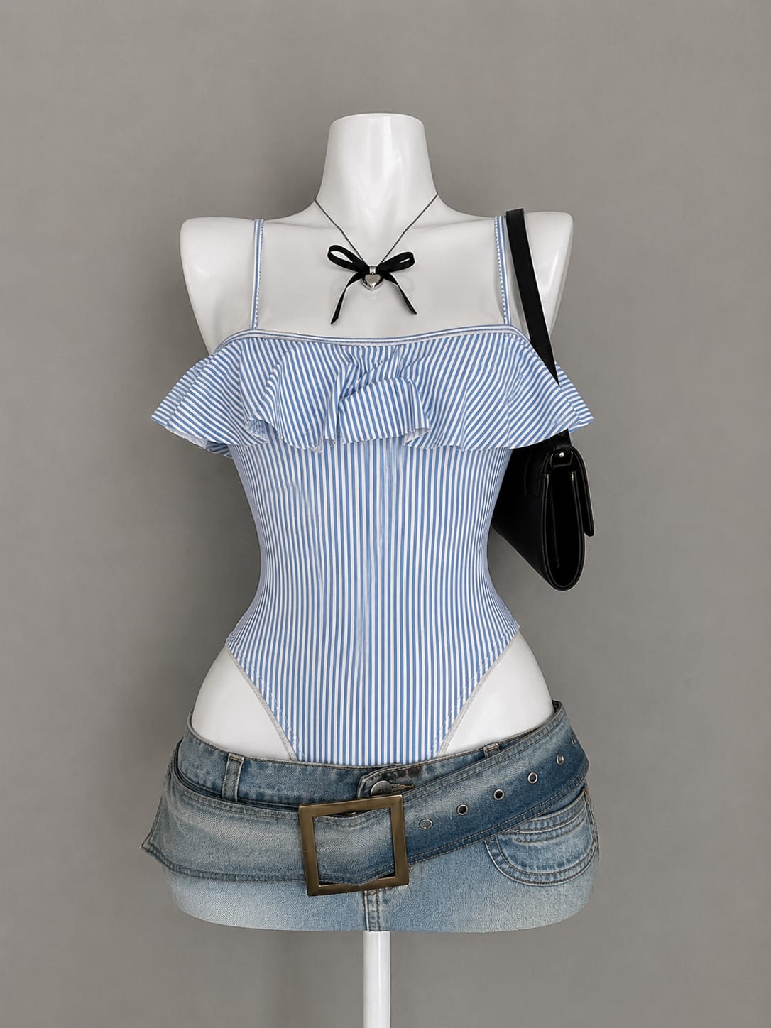 Blue Striped Ruffle Bodysuit