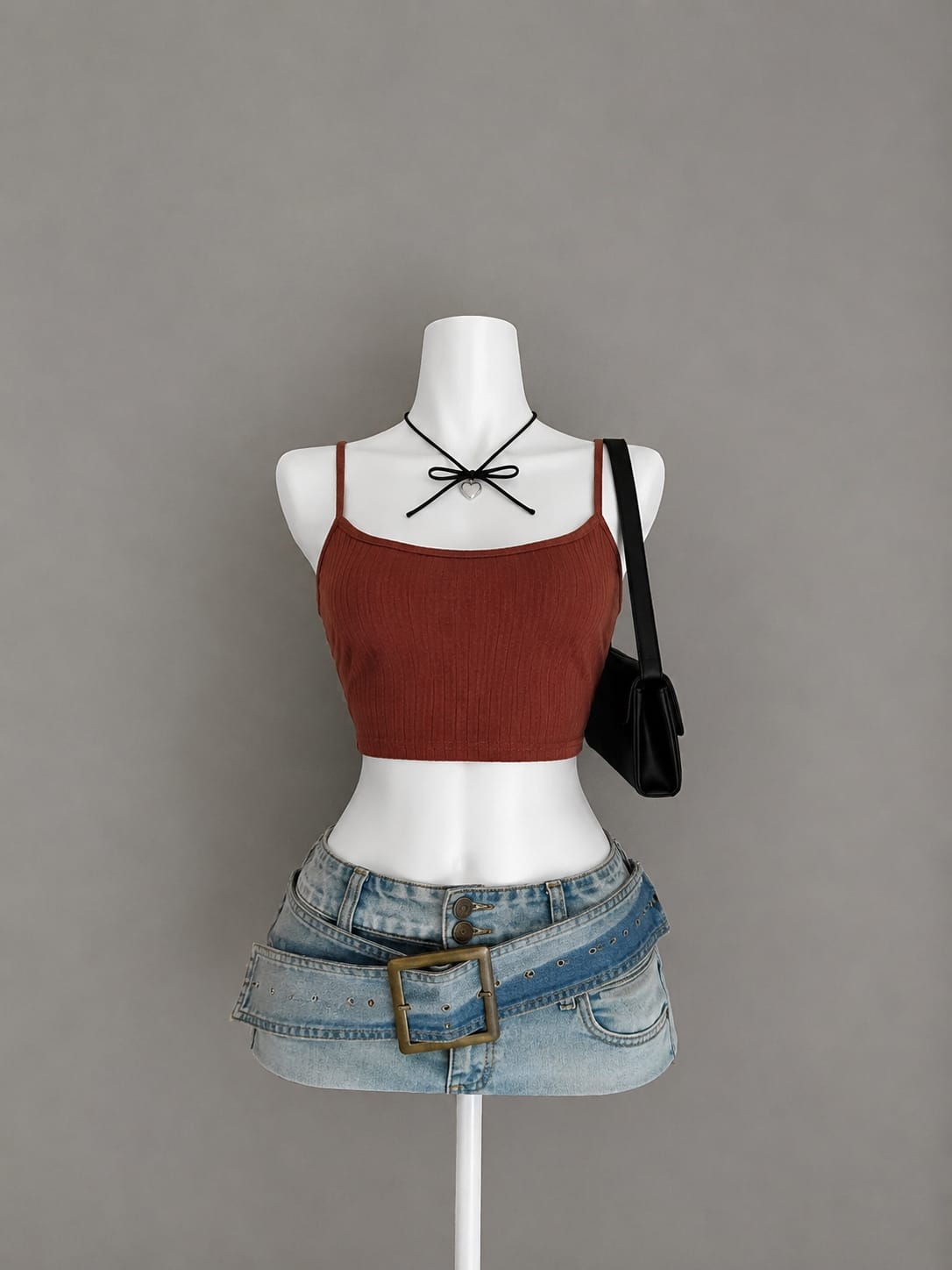 Rust ribbed spaghetti strap crop cami