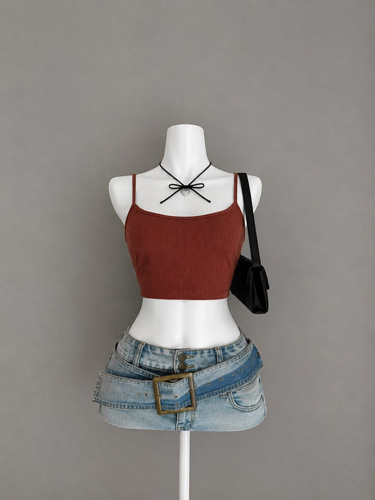 Rust ribbed spaghetti strap crop cami