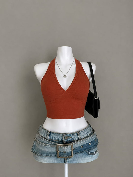 Rust V-neck halter crop top