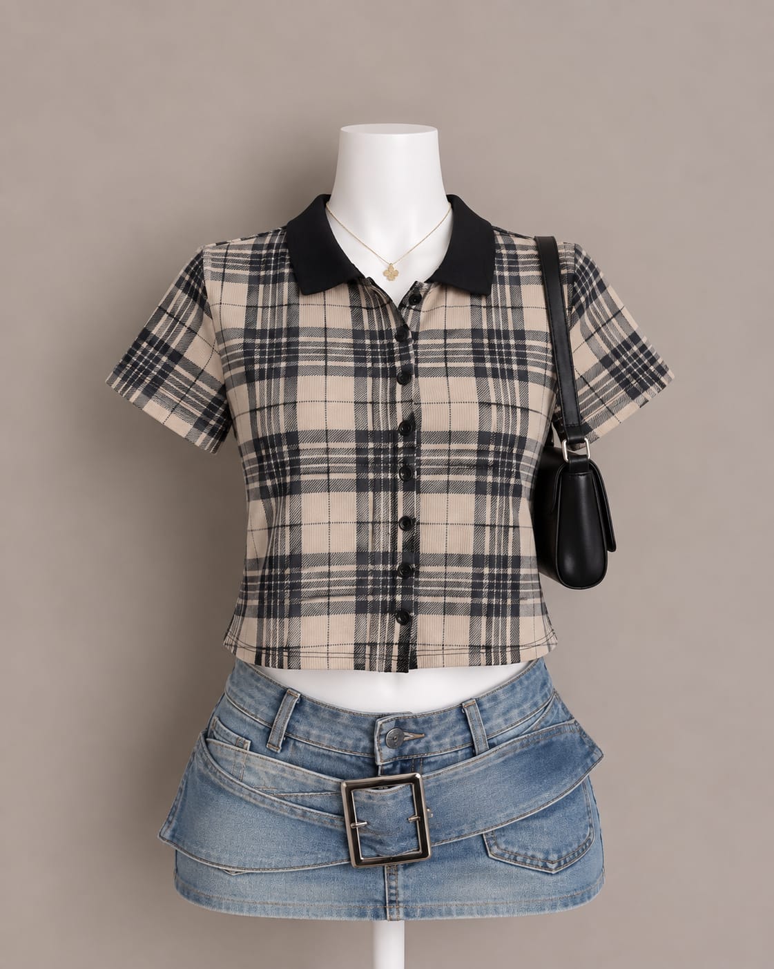 Beige Plaid Crop Shirt