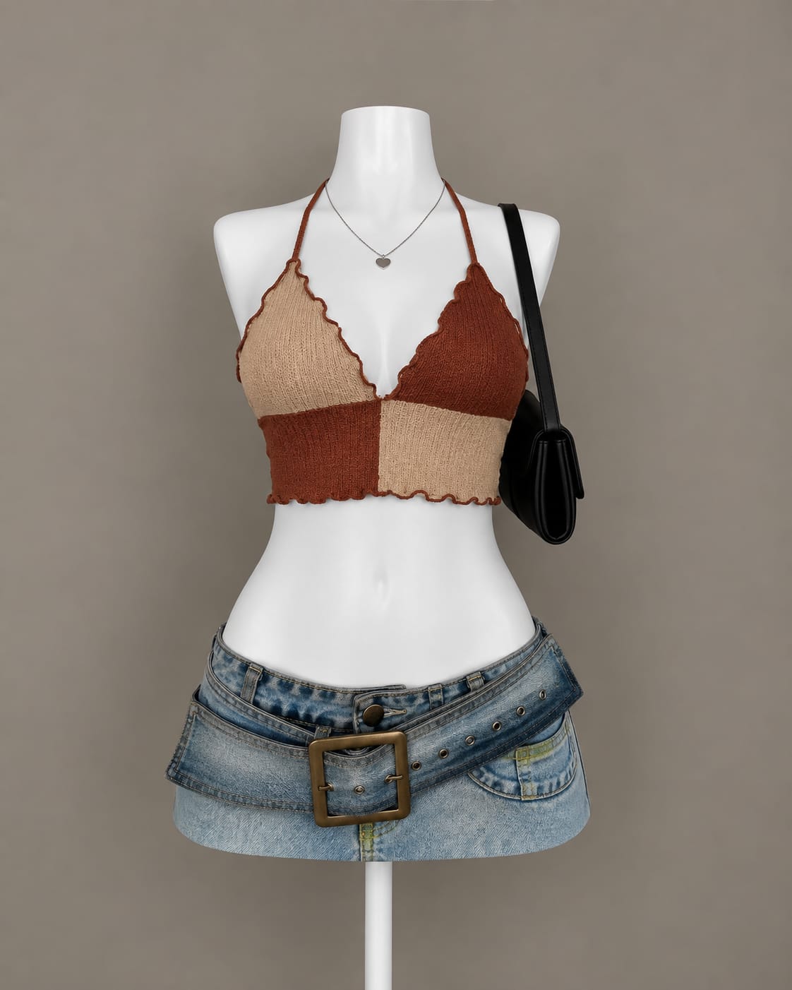 Brown Colorblock Halter Top