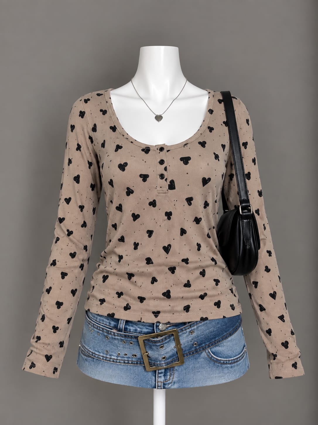 Beige Heart Print Top