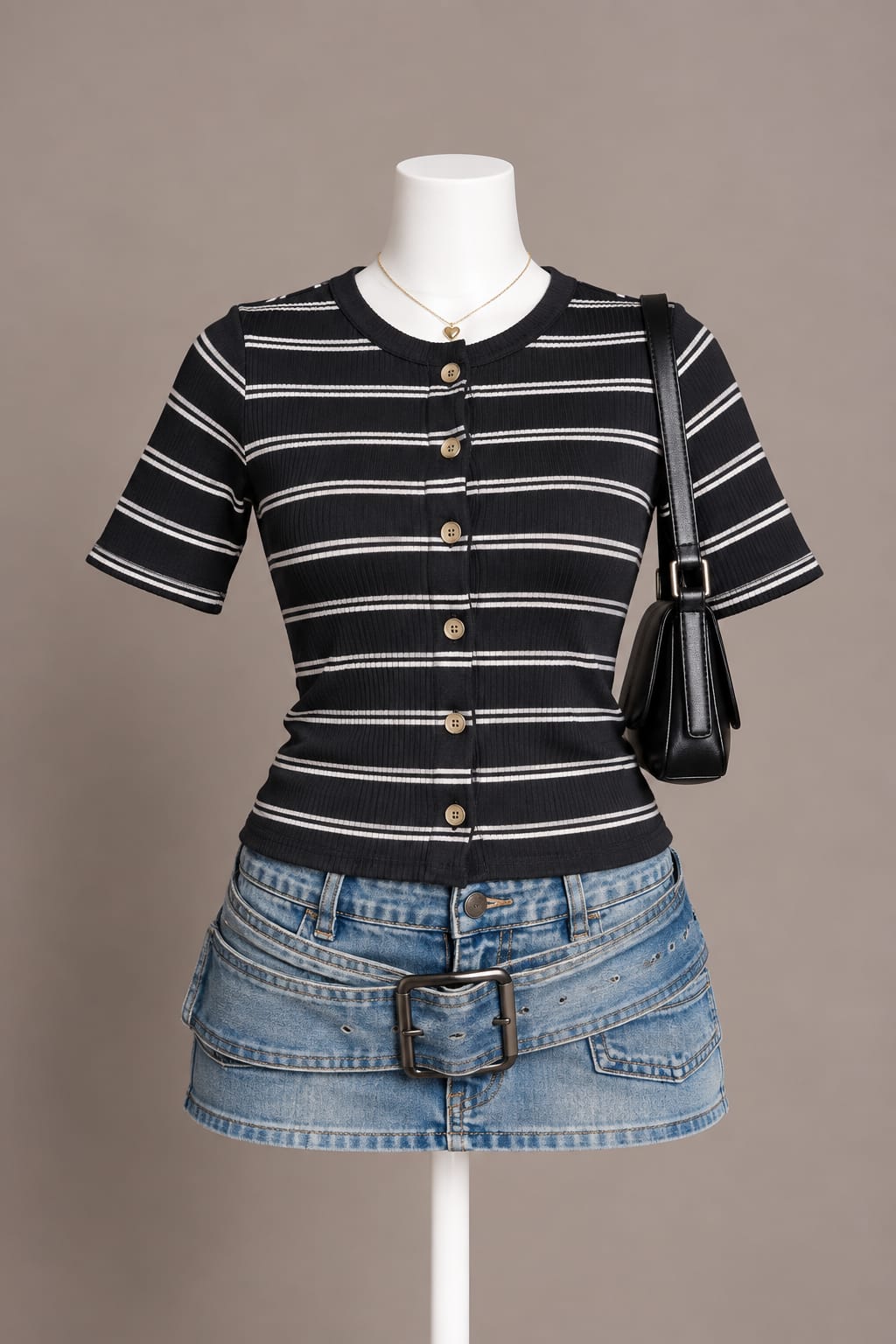 Black Striped Button Top