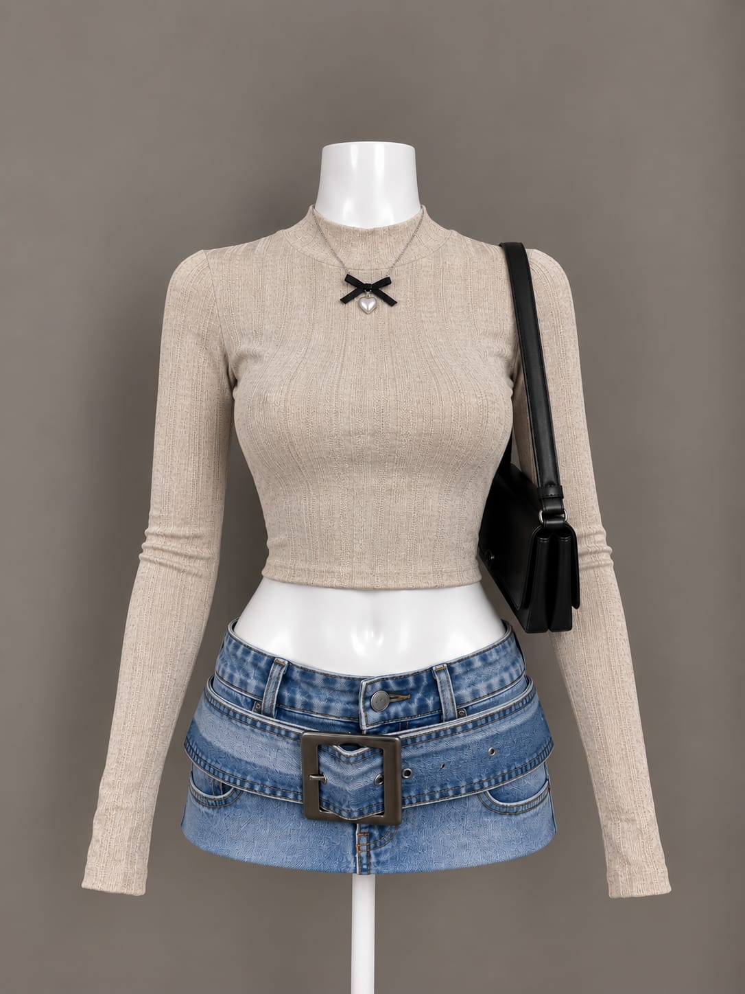 Beige Mock Neck Crop Top
