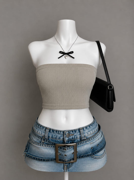 Taupe ribbed bandeau crop top